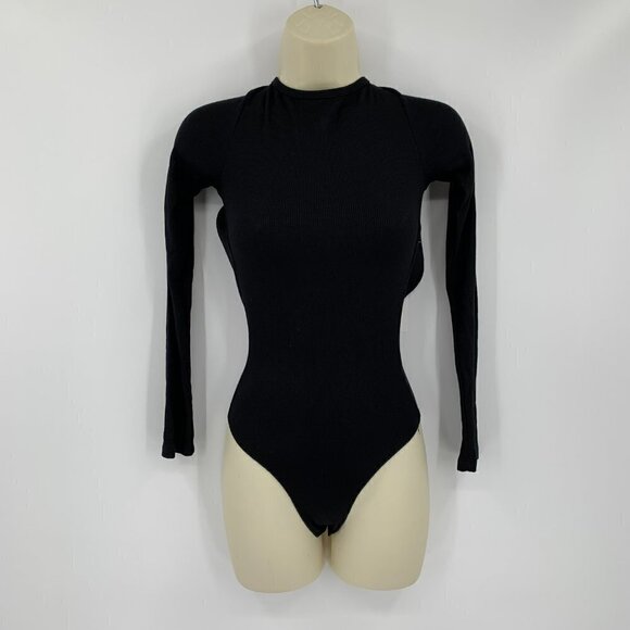 LNA keyhole back open tie ribbed black bodysuit knit long sleeve new Small - Picture 2 of 4